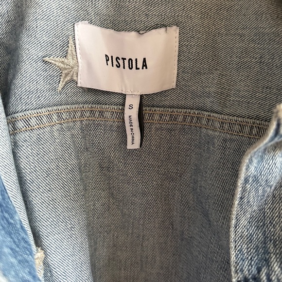 Pistola Blue Denim Jacket Distressed w/ Silver/White Star Pattern Size S - Picture 2 of 3